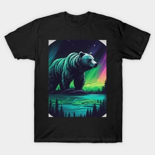 Brown Bear with Forest and Borealis, Colorful, Beautiful T-Shirt